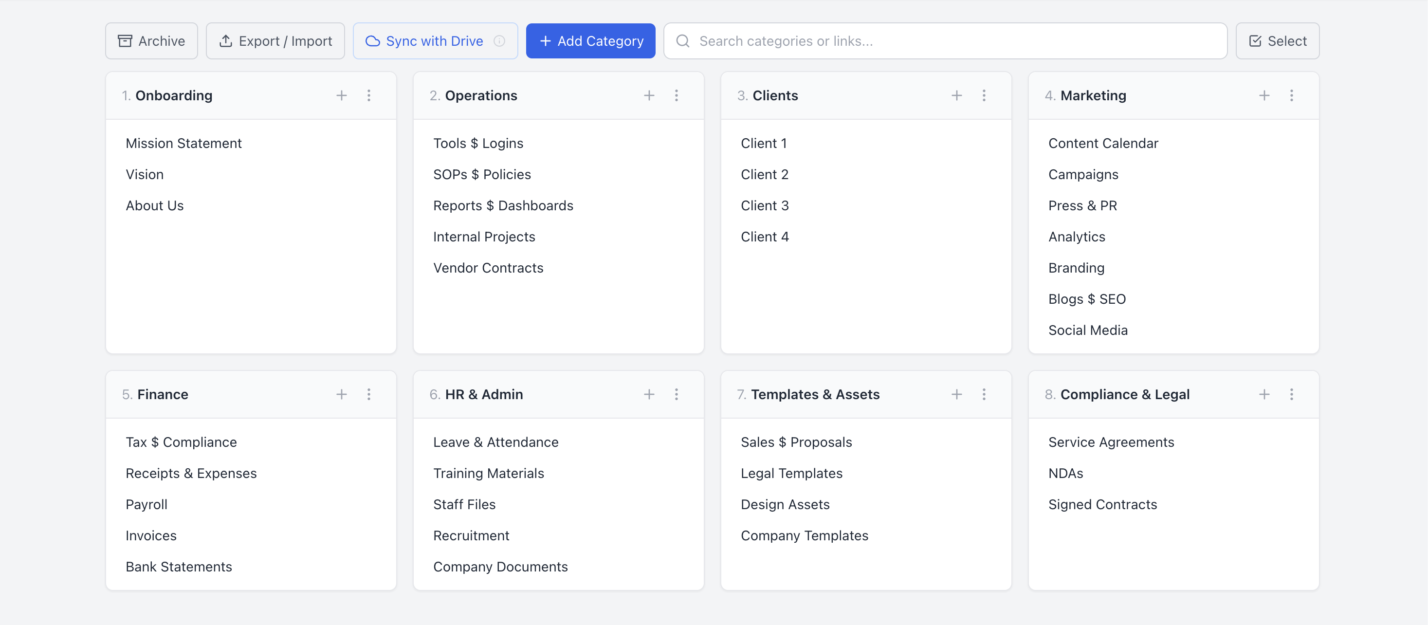 Wiki Hub dashboard structure inside WordPress, bringing files and links into one organized hub